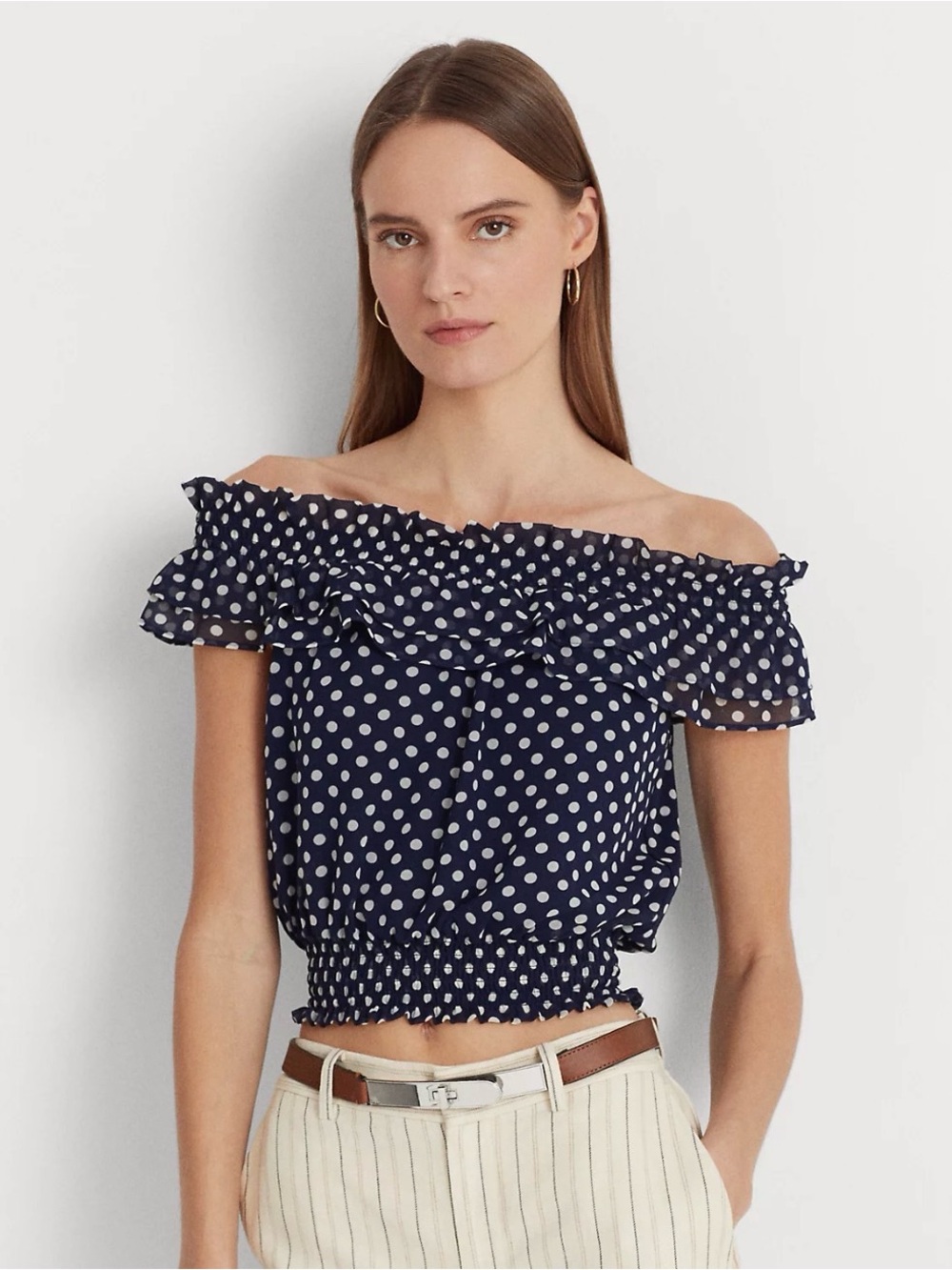 Lauren Ralph Lauren Navy Polka Dot Off-Shoulder Crop Top
